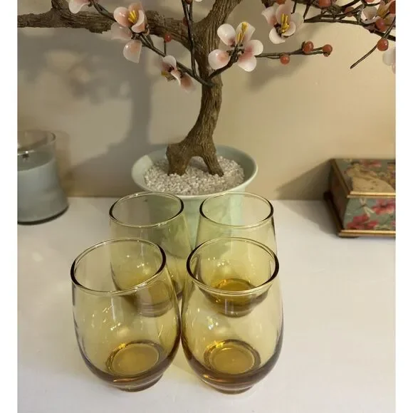 Vintage Set of 4 Libbey Tempo Amber Roly Poly Drink Juice Glasses Mid Century - Picture 2 of 6